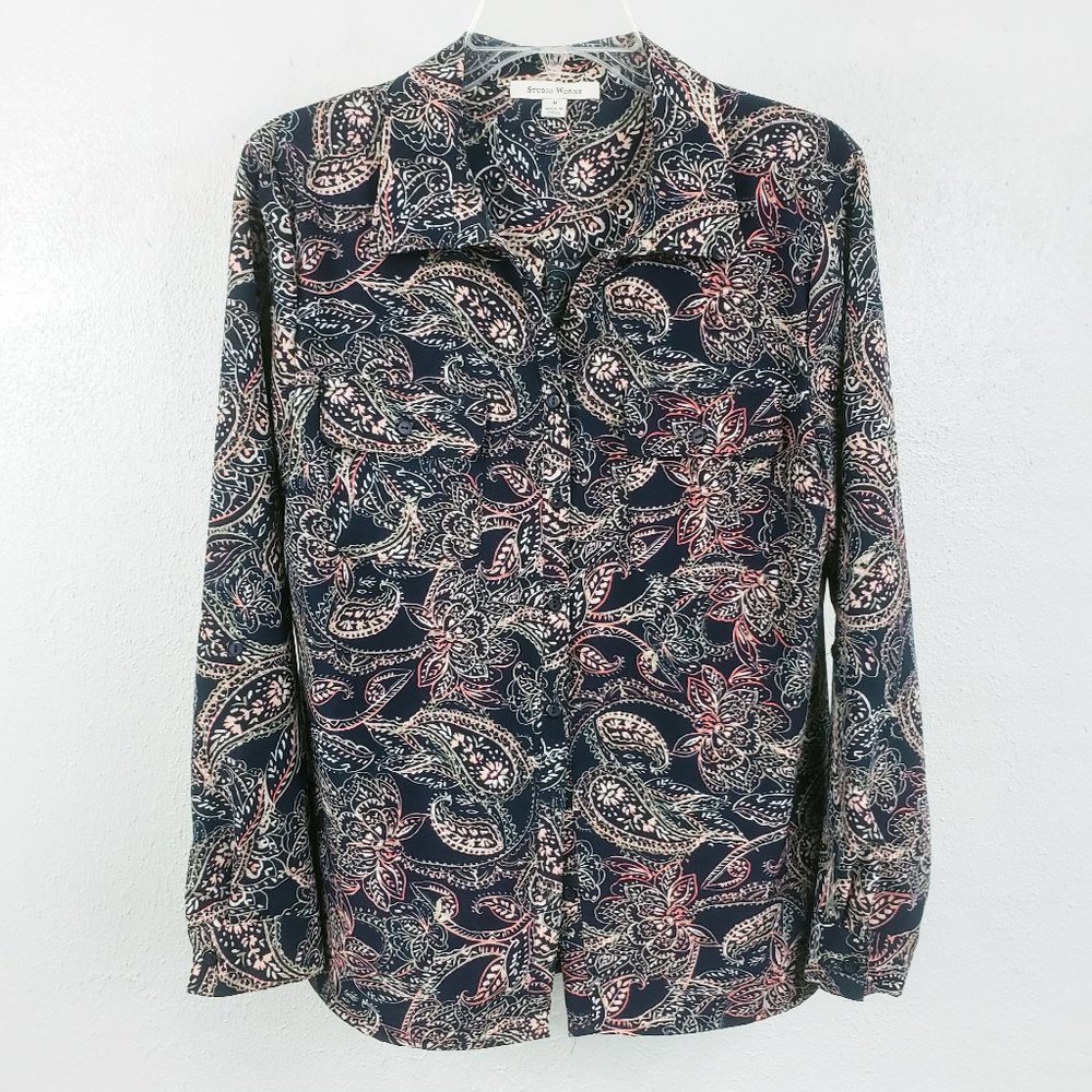 Studio Works Womens Black Floral Paisley Button Down Split Side Shirt Top Blouse